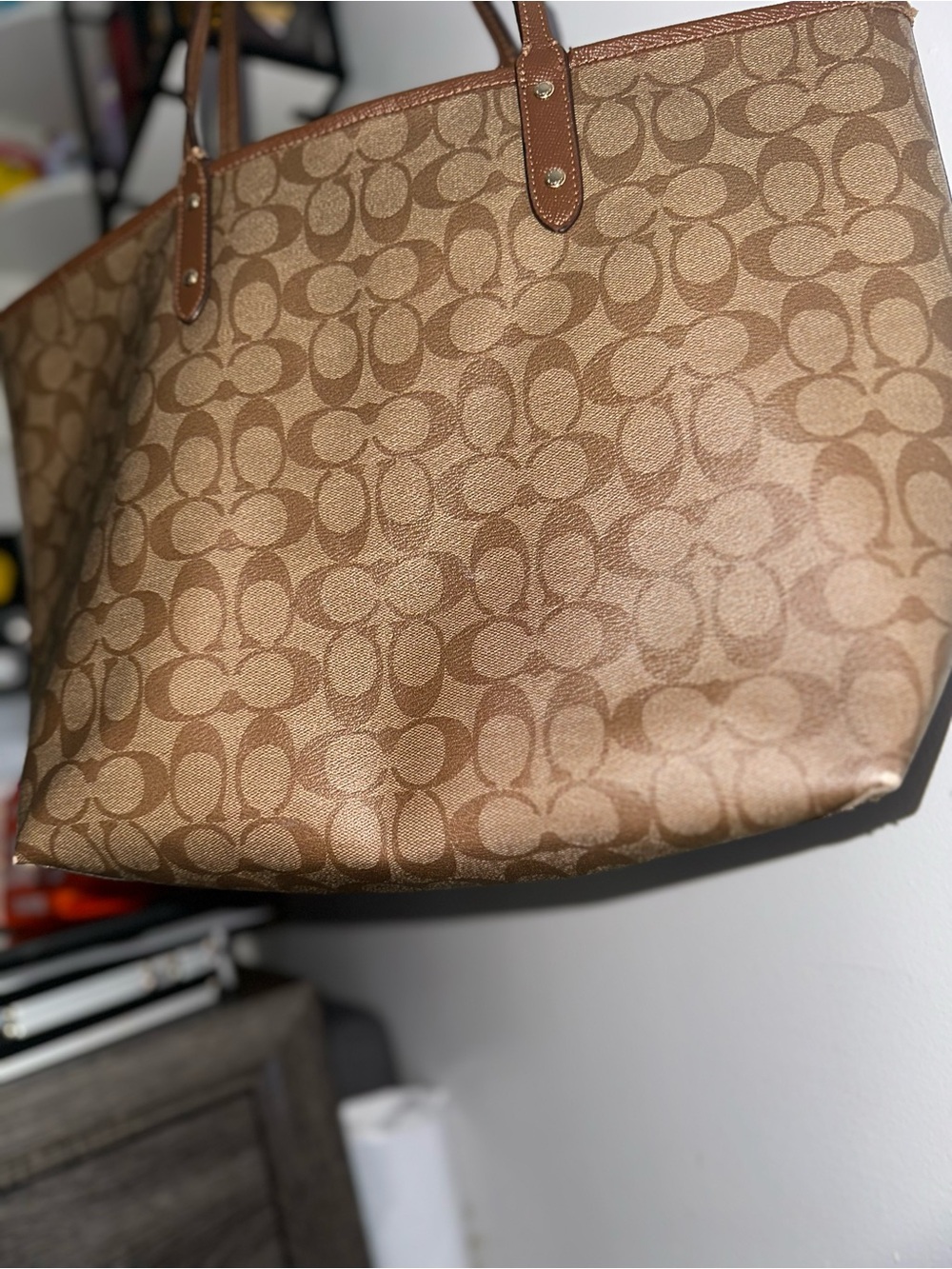 Coach Signature Monogram Tote in Tan and Brown